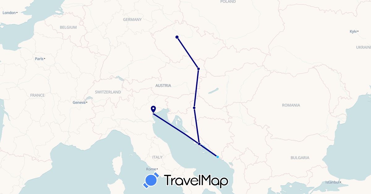 TravelMap itinerary: driving, boat in Austria, Czech Republic, Croatia, Italy (Europe)